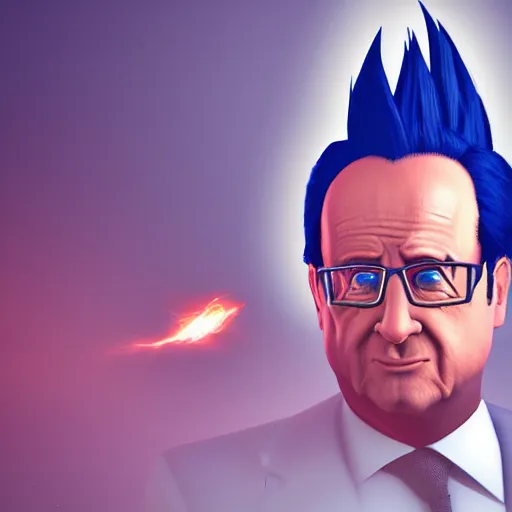 Prompt: François hollande with super saiyan hair charging up for a kamehameha, artstation, octane render, highly detailed