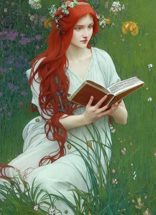 Image similar to pretty young woman resembling alicia vikander with long red hair, reading a book under a tree, path traced, highly detailed, high quality, digital painting, by studio ghibli and alphonse mucha, leesha hannigan, hidari, art nouveau, chiho aoshima, jules bastien - lepage