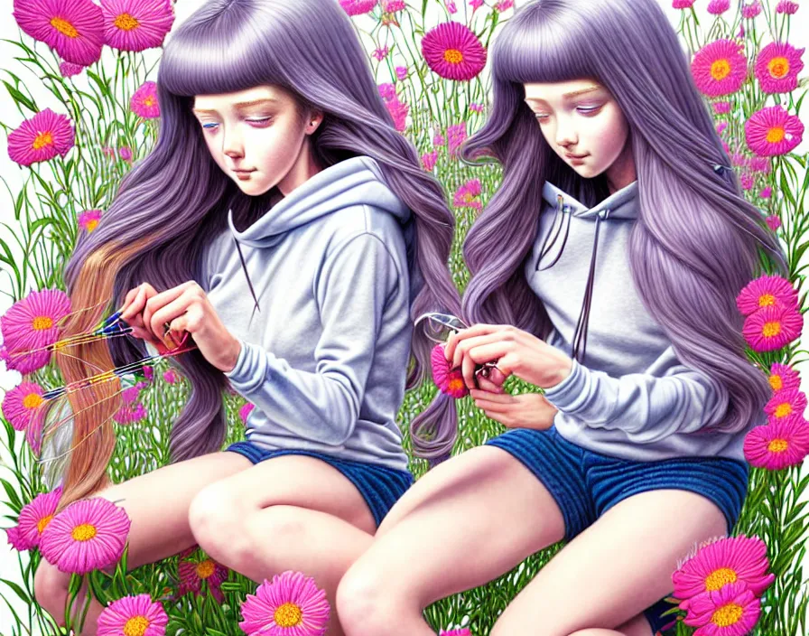 Image similar to richly detailed colored pencil 3D illustration of a beautiful English woman with long metallic hair wearing a hoodie and short shorts,she is sewing thread drawings of flowers into her own thighs. mirrored background with completely rendered reflections, art by Range Murata and Artgerm.