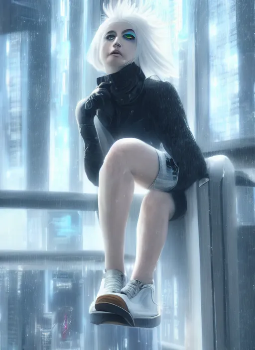Prompt: white haired girl in a miniskirt sitting on a window, cyberpunk, digital art, expressive oil painting, highly detailed, trending on artstation, octane render, beautiful face