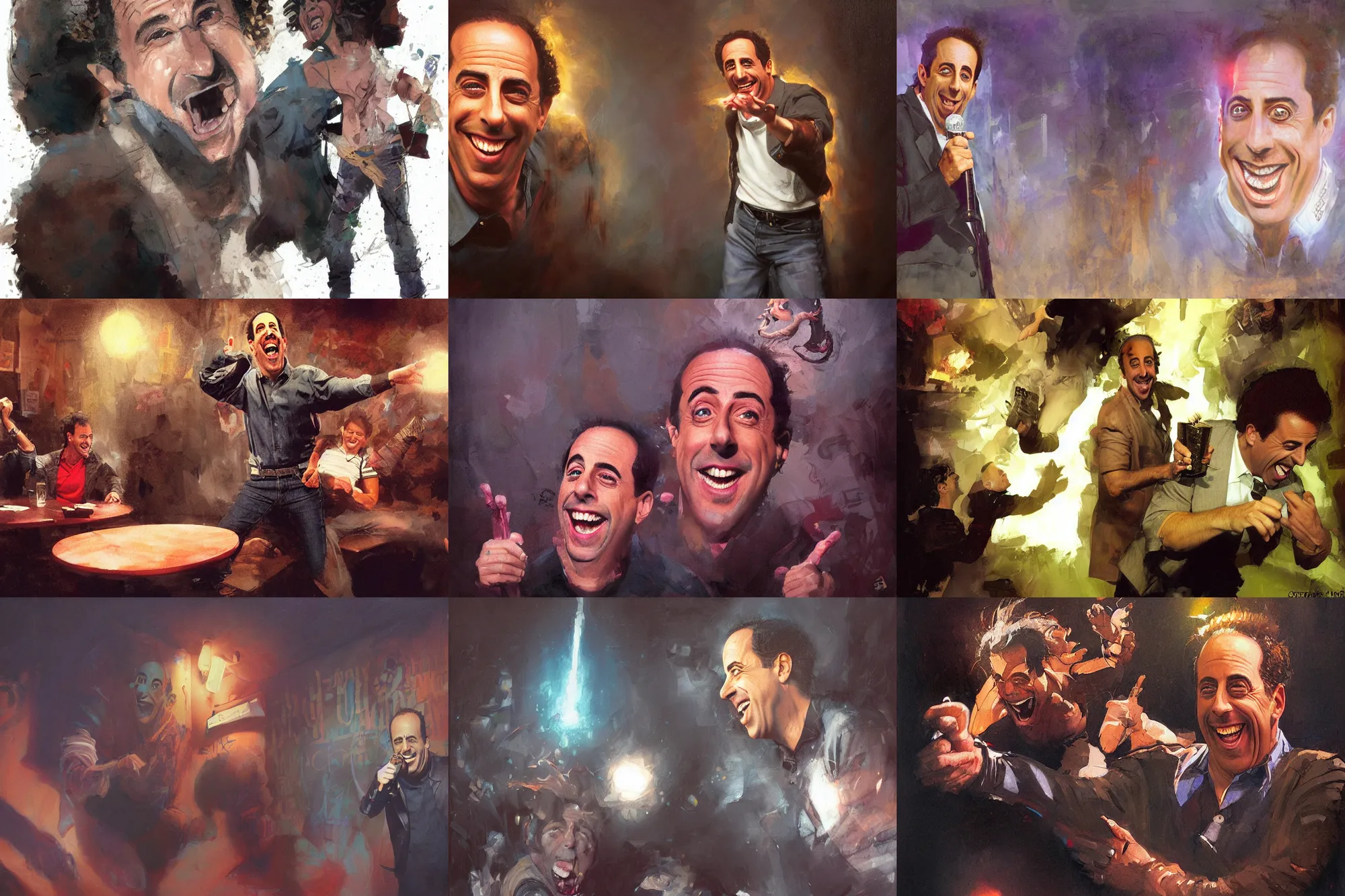 Prompt: a mixed media portrait painting of jerry seinfeld 1 9 9 0 s laughing hysterically in a comedy club by frank frazetta, greg rutkowski, christian macnevin, wlop, krenz cushart, epic fantasy character art, volumetric lighting, cgsociety, exquisite detail, masterpiece, cinematic