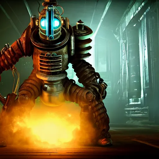 Image similar to isaac clarke as a bioshock big daddy, unreal engine 5, bioshock deadspace, high detail 3 d render,