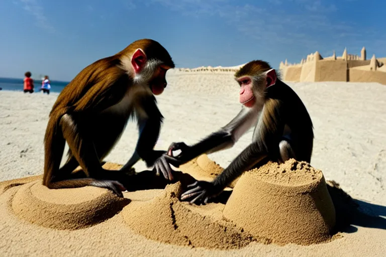 Image similar to a monkey touching a completed sand castle