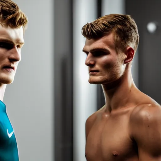 Image similar to a realistic detailed photo of a guy who is an attractive humanoid who is half robot and half humanoid, who is a male android, soccer players martin ødegaard & timo werner, shiny skin, posing like a statue, blank stare, in a living room, on display, showing off his muscles, gold soccer shorts, side view