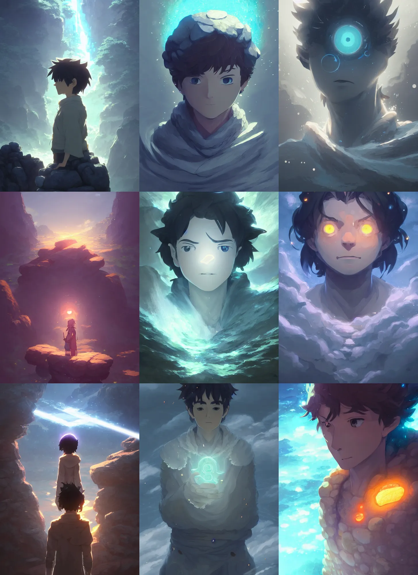 Prompt: a portrait of elemental stone - kun, floating rocks, intricate, tone mapped, ambient lighting, highly detailed, digital painting, artstation, concept art, 4 k, god rays, stunning beautiful, glowing eyes, sharp focus, by makoto shinkai and akihiko yoshida and hidari and wlop