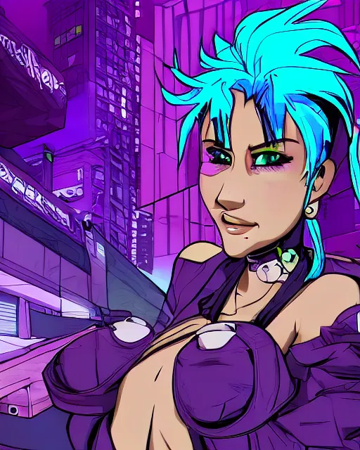 Image similar to cel shaded art of a pretty blue haired girl standing next to a purple lamborghinil, jet grind radio graphics, cyberpunk city street background