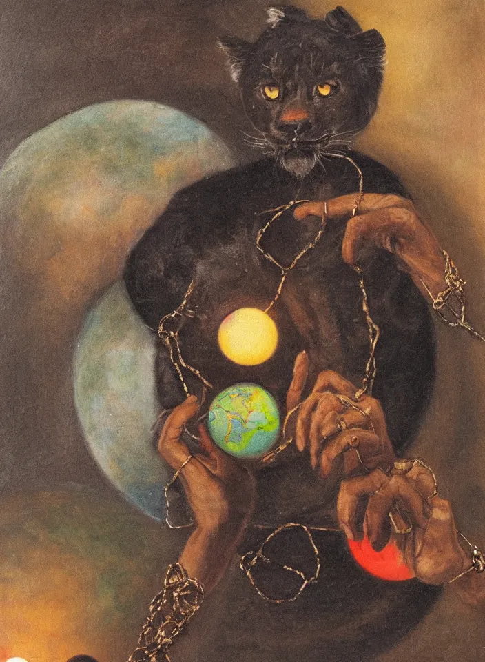 Prompt: a portrait of a humanoid black puma staring at a glowing globe in a necklace, painting by Randolph Stanley Hewton