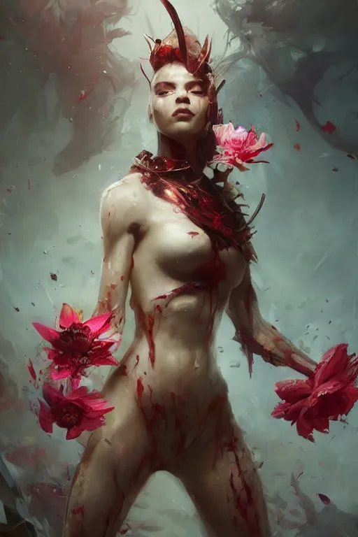 Image similar to abstract beautiful girl predator covered with blood, 3 d render, hyper realistic detailed portrait, holding magic flowers, ruan jia, wlop. scifi, fantasy, hyper detailed, octane render, concept art, by peter mohrbacher, by wlop, by ruan jia