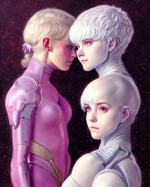 Prompt: portrait of two beautiful cute young maiden girls with short white hairs in warhammer armor, art by ( ( ( kuvshinov ilya ) ) ) and wayne barlowe and gustav klimt and artgerm and wlop