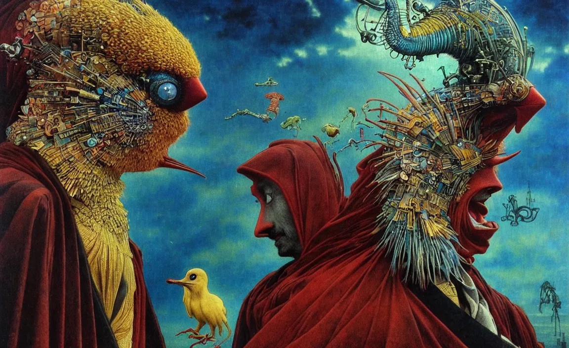 Image similar to realistic detailed portrait movie shot of a birdman wearing a dark robes, sci fi city landscape background by denis villeneuve, amano, yves tanguy, alphonse mucha, ernst haeckel, max ernst, roger dean, masterpiece, rich moody colours, dog teeth, blue eyes