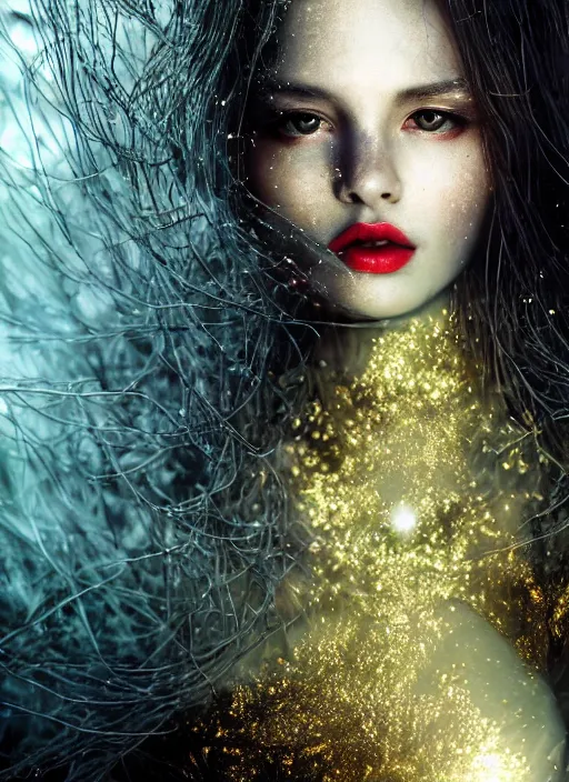 Image similar to glowing silver and golden elements, full close-up portrait, young female model from as a dark witch, book cover, green forest, white moon, red lips, establishing shot, extremly high detail, photo-realistic, cinematic lighting, pen and ink, intricate line drawings, by Yoshitaka Amano, Ruan Jia, Kentaro Miura, Artgerm, post processed, concept art, artstation, matte painting, style by eddie, raphael lacoste, alex ross