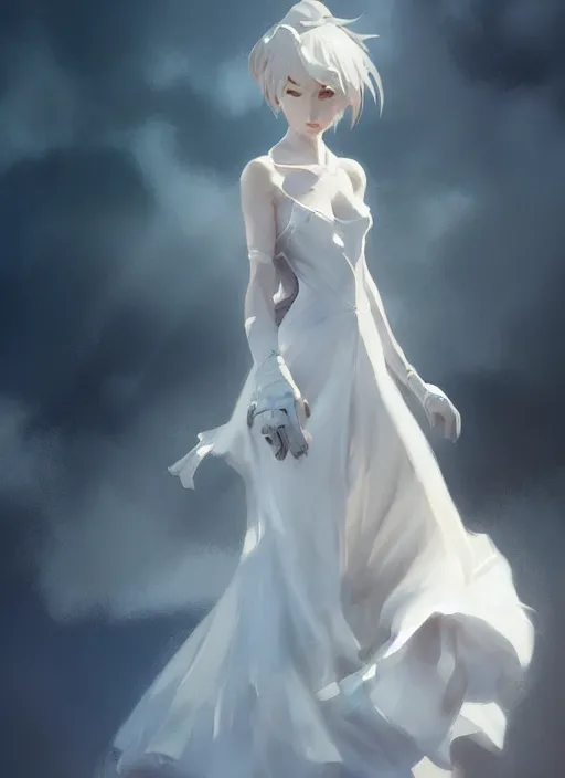 Prompt: a girl with elegant white dress, digital art by krenz cushart, laurie greasly, wlop, artgerm, intricate, ( highly detailed figure ), sharp focus, smooth, epic composition, joyful, unreal engine