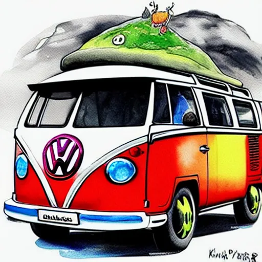 Image similar to fisheye perspective caricature watercolor painting of a vw volkswagen bus, bulli, type - 2, microbus, kombi from pixars cars with eyes instead of a windshield flying towards the camera, jumping at the viewer doors fully open, luggage in the air, dynamic action shot, fish eye lense, frontal, huge vulcano is seen in the background