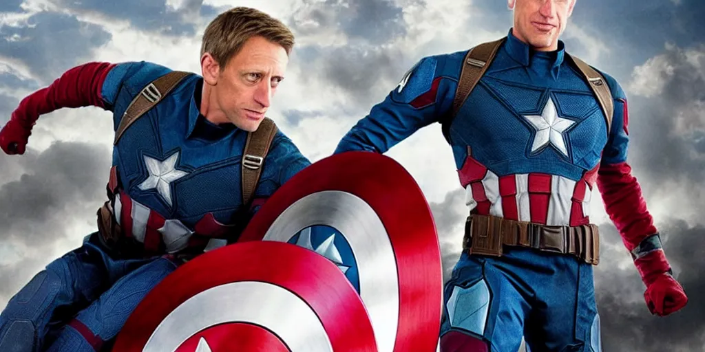 Image similar to “A still of Tony Hawk as Captain America in Marvel’s Avengers, high definition”