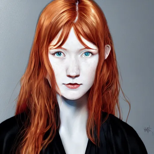 Image similar to studio portrait, a short pale ginger girl with freckles, ginger hair is middle parted, scowling, wearing a black robe, trending on art station, by wlop