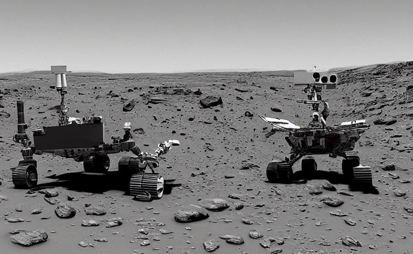 Prompt: on mars, three eyed Martians are hiding behind rocks while a nasa rover rolls around in the style of James Gurney