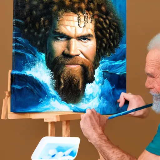 Image similar to a closeup photorealistic photograph of bob ross working on a canvas painting of aquaman. film still. brightly lit scene. mountains and trees. this 4 k hd image is trending on artstation, featured on behance, well - rendered, extra crisp, features intricate detail, epic composition and the style of unreal engine.