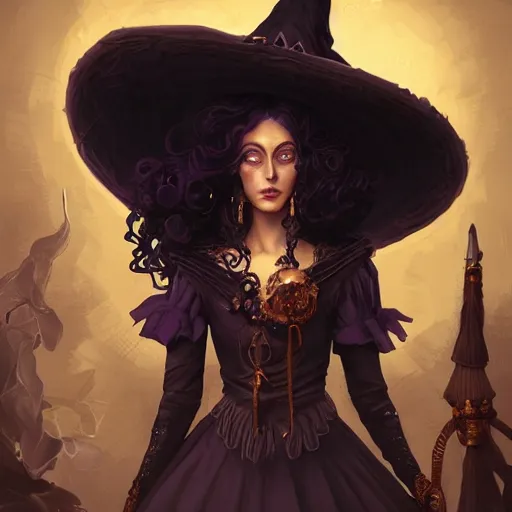 Image similar to an insanely detailed portrait of a beautiful witch standing in an alchemy lab, long purple hair, tightly fitting black ornate dress and black witch hat, in the style of peter mohrbacher, artgerm, dramatic lighting and composition, octane render, trending on artstation, concept art 8 k