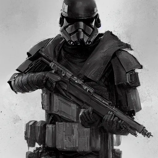 Prompt: portrait of a man by greg rutkowski, a soldier of the eternal empire, wearing a black and white tactical gear, star wars expanded universe, highly detailed portrait, digital painting, artstation, concept art, smooth, sharp foccus ilustration, artstation hq