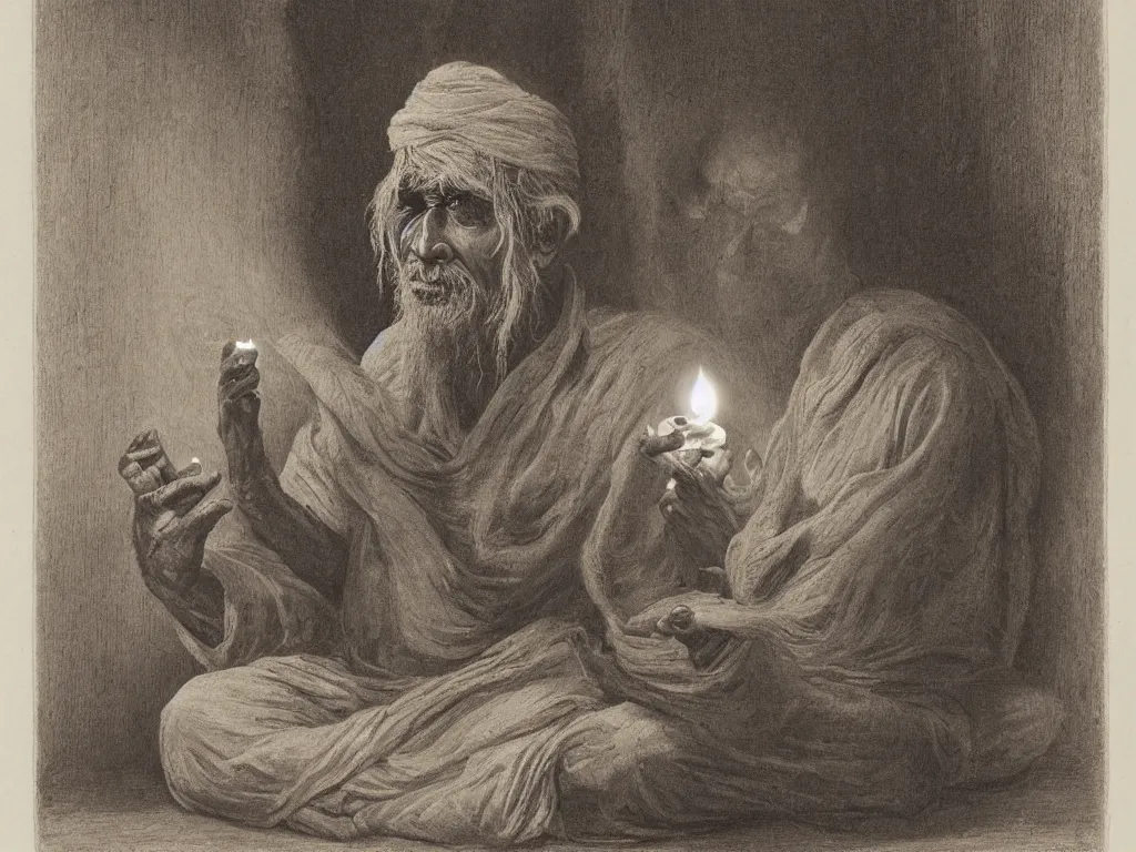 Prompt: Expressive portrait of an old Indian yogi. Candlelight. Painting by Gustave Dore, August Sander