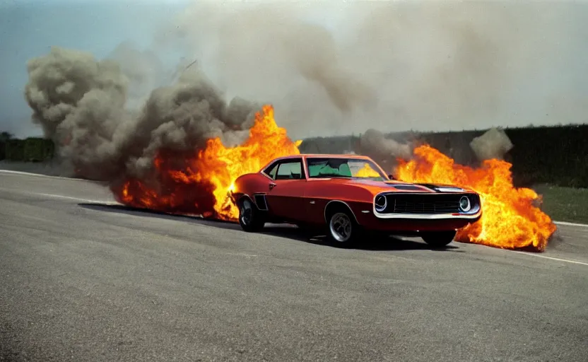 Image similar to a green 1 9 6 9 chevrolet camaro zl jumping over a fire explosion