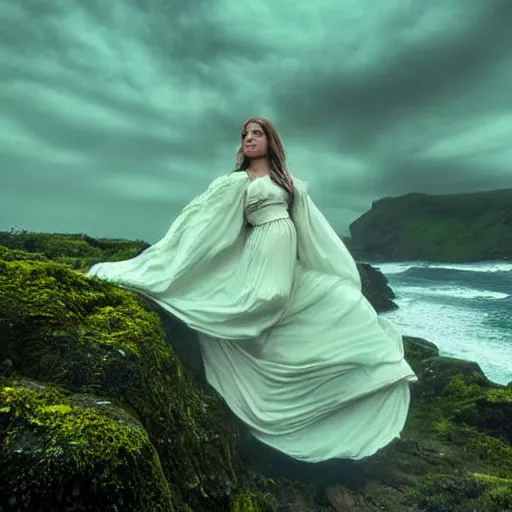 Prompt: 1 9 7 0's artistic italian western film in color, a woman in a giant billowy wide flowing waving dress made out of sea foam, standing inside a green mossy irish rocky scenic landscape, crashing waves and sea foam, volumetric lighting, backlit, moody, atmospheric