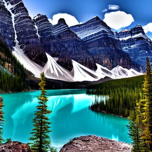 Prompt: realistic photo of Moraine lake in Albert, Canada, beautiful lighting, 4k