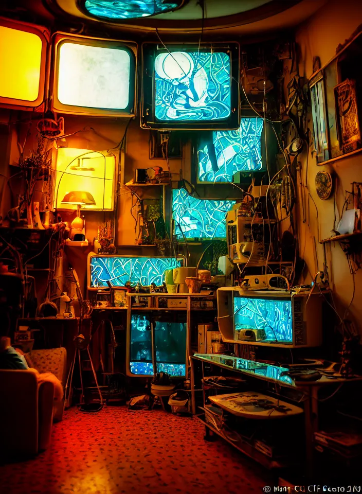 Image similar to telephoto 7 0 mm f / 2. 8 iso 2 0 0 photograph depicting the feeling of chrysalism in a cosy cluttered french sci - fi ( ( art nouveau ) ) cyberpunk apartment in a dreamstate art cinema style. ( ( computer screens, sink ( ( ( fish tank ) ) ) ) ), ambient light.