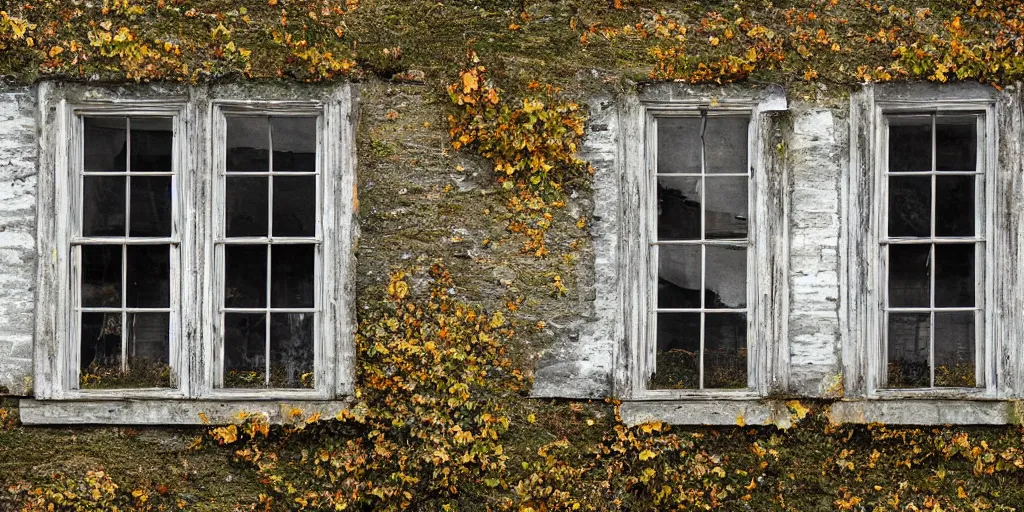 Image similar to multiple old windows suspended above an open meadow, raining, october, autum, muted colors