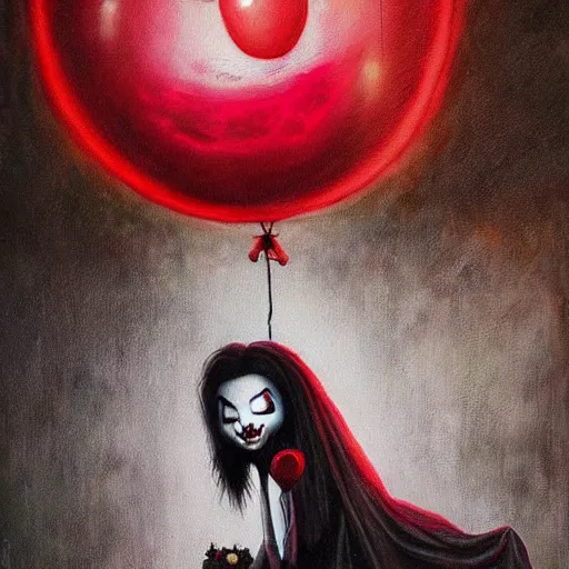 Image similar to grunge painting of beyond the void with a wide smile and a red balloon by chris leib, loony toons style, pennywise style, corpse bride style, horror theme, detailed, elegant, intricate, conceptual, volumetric light