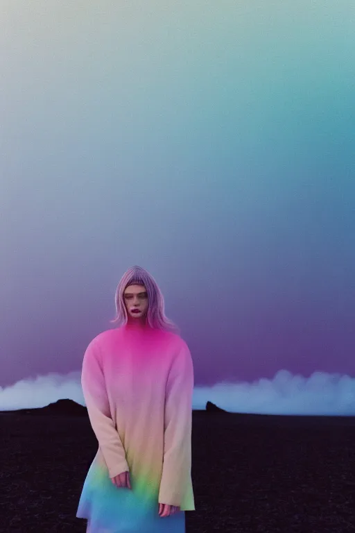 Image similar to high quality pastel coloured film close up wide angle photograph of a model wearing clothing resting on cloud furniture in a icelandic black rock environment in a partially haze filled dreamstate world. three point light, rainbow. photographic production. art directed. pastel colours. volumetric clouds. pastel gradient overlay. waves glitch artefacts. extreme facial clarity. 8 k. filmic.