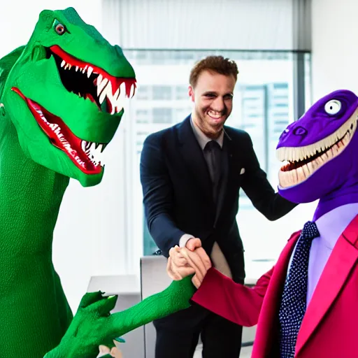 Prompt: The Joker shaking hands with an anthropomorphic dinosaur who is wearing a suit in an office, 8k, detailed,