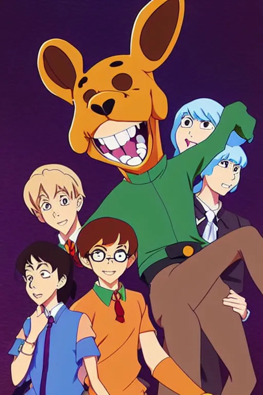 Image similar to scooby doo in anime art full body portrait character concept art, anime key visual of brown dog with blue collar, finely detailed, in a dark haunted mansion, trending on pixiv fanbox, studio ghibli, extremely high quality artwork