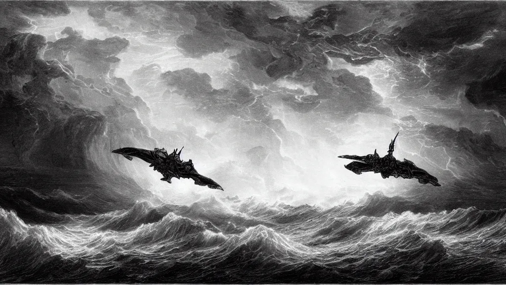 Image similar to drawing of an alien spacecraft flying above a stormy ocean, by gustave dore, nineteenth century, black and white, vintage, science fiction, epic composition, dramatic lighting, highly detailed, cinematic