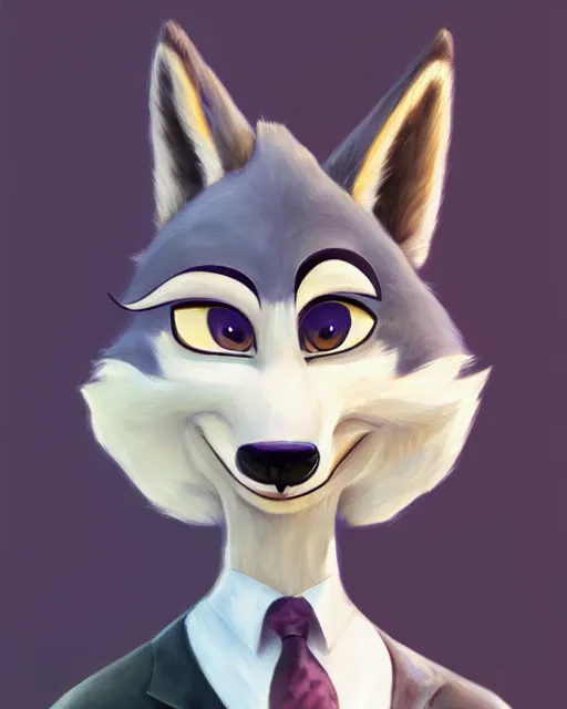 Image similar to oil painting of anthromorphic female wolf, in style of zootopia, female fursona, furry, furaffinity, 4 k, deviantart, furry art, fursona art, wearing black business suit, business suit, wolf fursona, female, very expressive detailed feminine face,