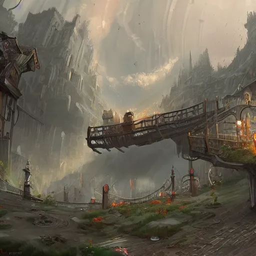Prompt: a tiny miniscule town living on the thread of a spiders web, fantasy concept art, trending on art station, stunning visuals, creative, cinematic, ultra detailed