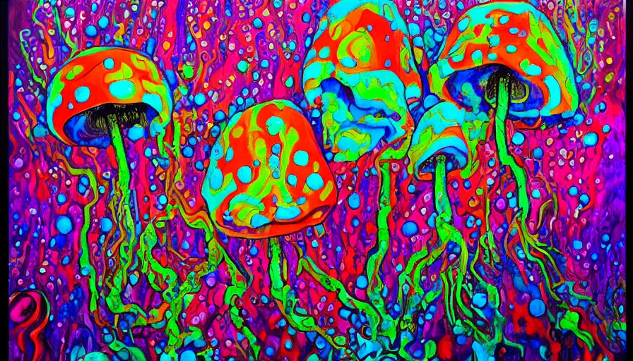 Prompt: trippy mushrooms, sweet dreams, painting on canvas, watedrops, water droplets, acrylic painting, acrylic pouring, painting, influencer, artstation - h 8 0 0