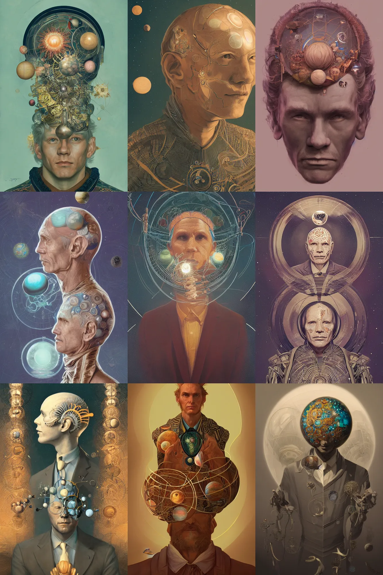 Prompt: A man with planets circulating around the head, art deco design, by Mandy Jurgens and Warhol, Ernst Haeckel, James Jean, backlight, artstation, concept art