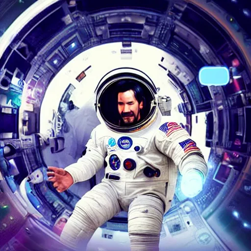 Prompt: keanu reeves in space with astronauts, instagram photo, instagram selfie full hd, 8 k, unreal engine, octane render, hyper detailed, hyper realistic, photorealistic, vfx, houdini, full body