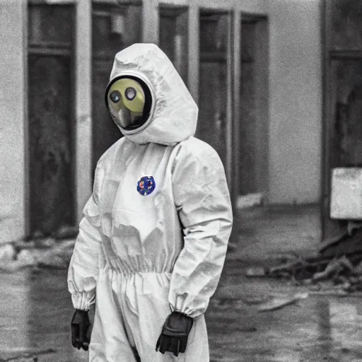 Image similar to news reporter in a hazmat suit 1 9 9 0 s news found footage of an abandoned soviet downtown with a humanoid scp hidden in background, liminal space, backrooms, scp, film grain, rundown, eerie, dark lighting, 3 5 mm, realistic, photograph, hazmat suits, foggy, silent hill style, detailed, hyperrealistic