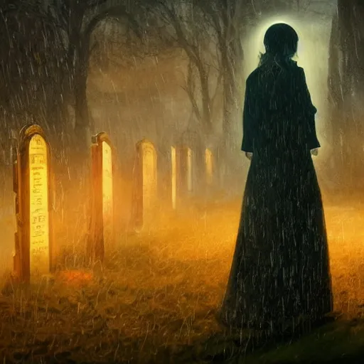 Image similar to silhouette of Elle Fanning in a graveyard, stormy weather, extremely detailed masterpiece, oil on canvas, low-key neon lighting, artstation, Blade Runner 2049, Roger Deakin’s cinematography, by J. C. Leyendecker and Peter Paul Rubens,