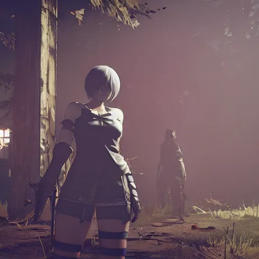 Prompt: Screenshot of 2B (Nier Automata) as a survivor in Dead By Daylight