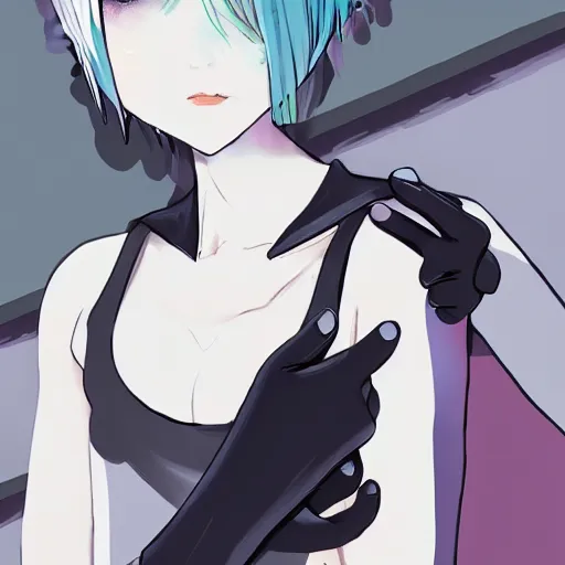 Prompt: girl, bare shoulders, detached sleeves, looking at viewer, open mouth, partially fingerless black gloves, background, red eyes, short hair, white hair, white shirt, white sleeves, wolf ears, by sophie anderson, vaporwave colors, lo - fi, concept art, smooth, detailed, toon shading, cel shading, animation, 4 k, hd