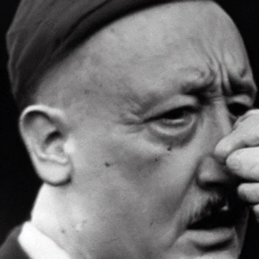 Image similar to hitler pointing a gun to his head while crying, close - up shot, low angle shot