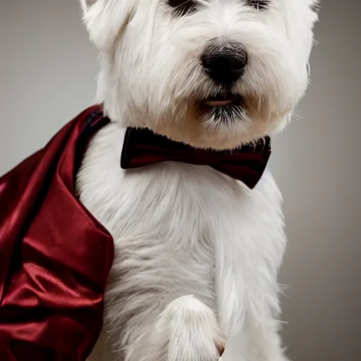 Image similar to dapper well dressed west highland white terrier in a tuxedo drinking scotch and smoking a cigar