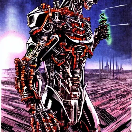 Prompt: cyborg undead Warrior, dark metal pyramids in the background, art by Philippe Druillet