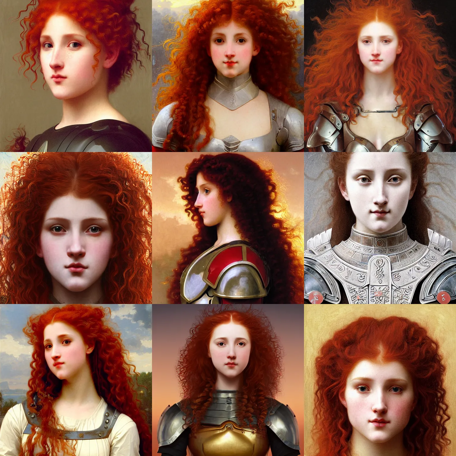 Prompt: Symmetrical knight of symmetry. Bulky red-haired woman with long curly symmetrical red hair. Plate armor. Cheerful. Art by William-Adolphe Bouguereau. During golden hour. Extremely detailed. Beautiful. 4K. Award winning.