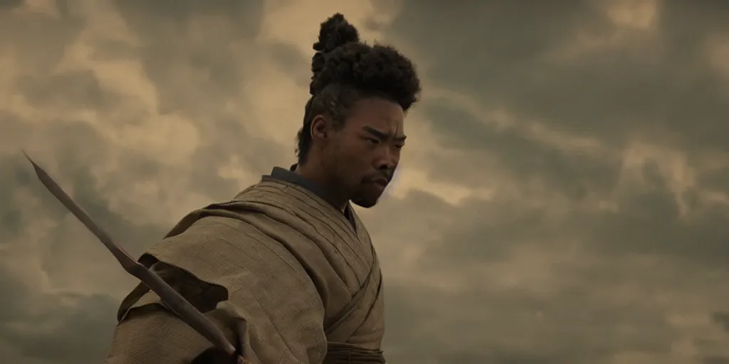 Prompt: a film still of a light skinned black man starring as an ancient samurai in a japanese blockbuster film, in a realm of fire, shallow depth of field, cinematic, award winning cgi, vfx, film still