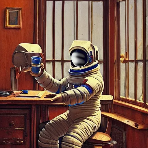 Image similar to a single cosmonaut in a spacesuit drinks a steaming cup of tea at an old wooden desk in a richly decorated house. :: by beeple and James Gilleard and Justin Gerard :: the autumn light comes in through a window and dimly illuminates the room. Ornate, dynamic, particulate, intricate, elegant, highly detailed, centered, artstation, smooth, sharp focus, photoreal octane render, 3d