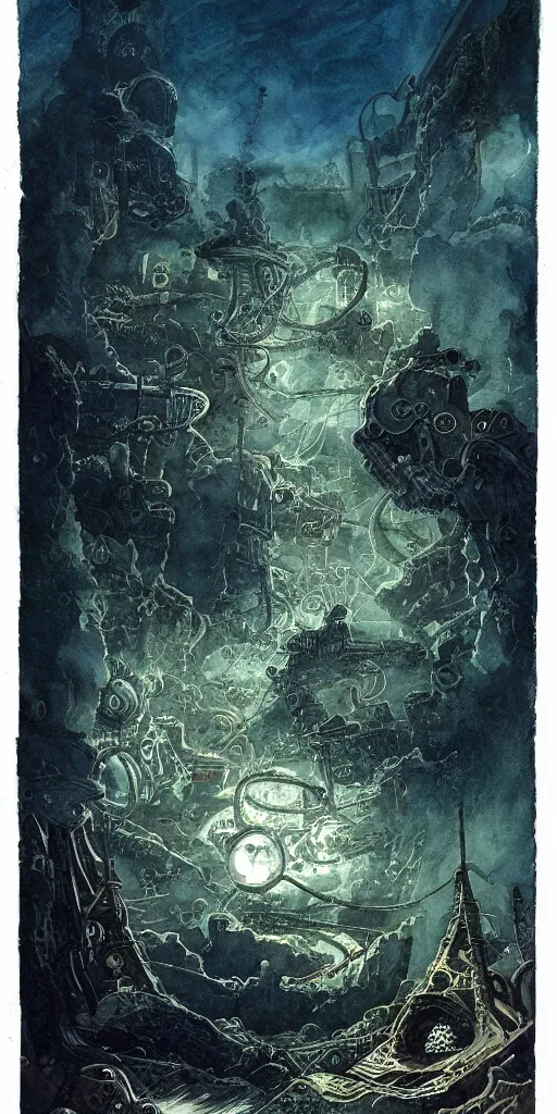 Prompt: a lovecraftian expressive water colour of a steampunk planet by josep tapiro baro in the style of romanticism art, dynamic lighting